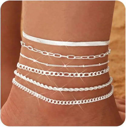 6PCS Ankle Bracelets for Women 14K Gold-plated  Anklets Stainless Steel