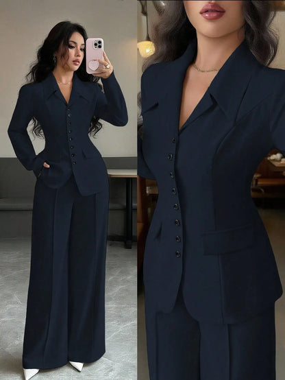 Cream Solid Color Tailored Blazer & Wide Leg Pants 2-Piece Set, V-Neck, Contrast Buttons,