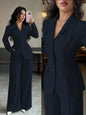 Cream Solid Color Tailored Blazer & Wide Leg Pants 2-Piece Set, V-Neck, Contrast Buttons,