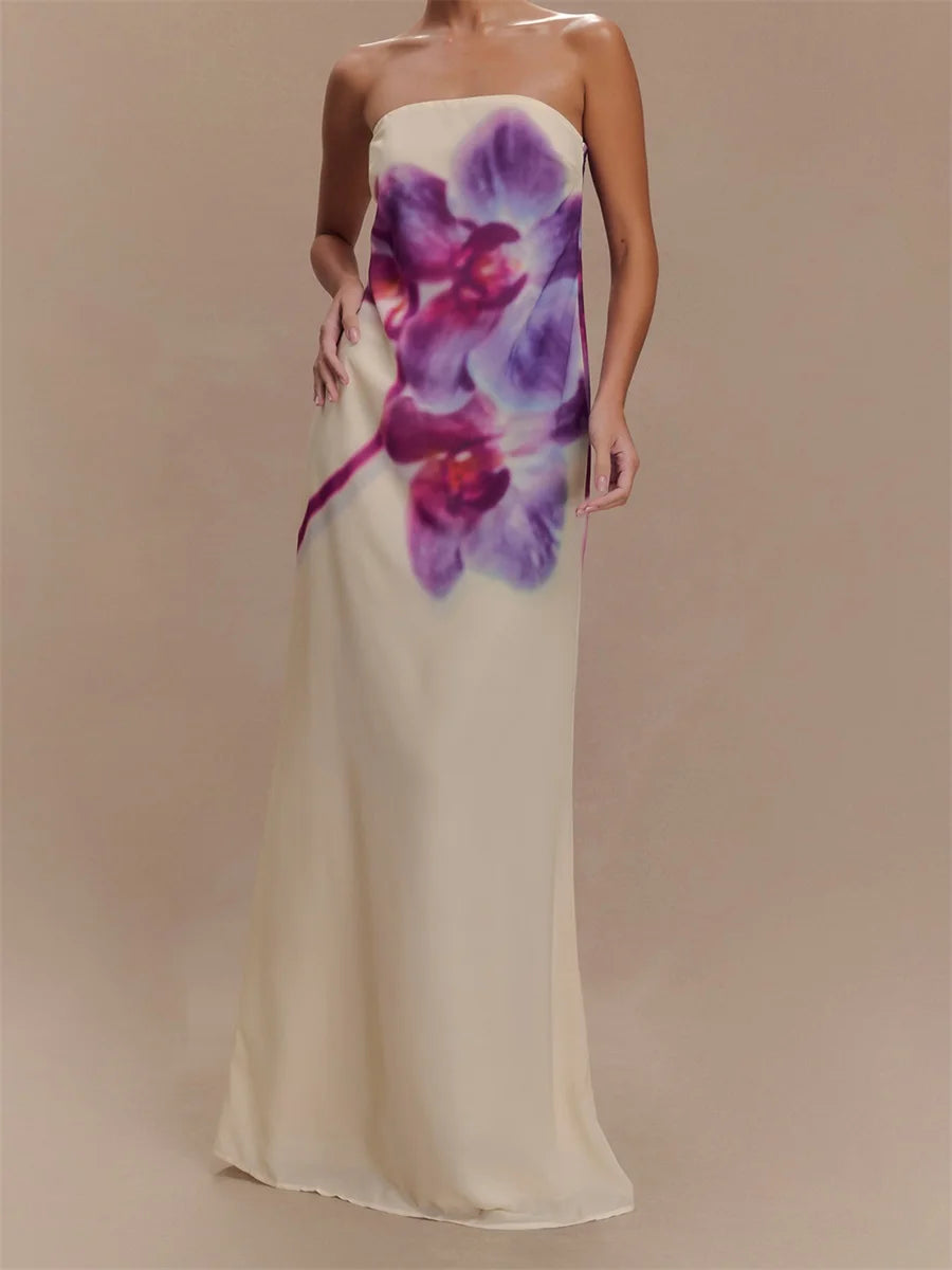Women Long Dress Floral Print Tube Backless Casual Strapless Dress