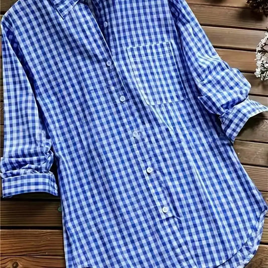 2025 New Gingham Turn-Down Collar Long Sleeve Shirt