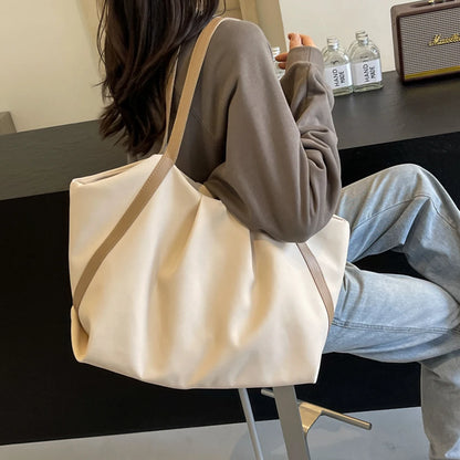 Women Work Tote Handbag Large Capacity Canvas Handheld Bag Contrast Color.
