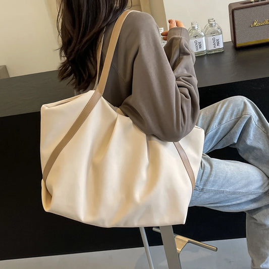 Women Work Tote Handbag Large Capacity Canvas Handheld Bag Contrast Color.
