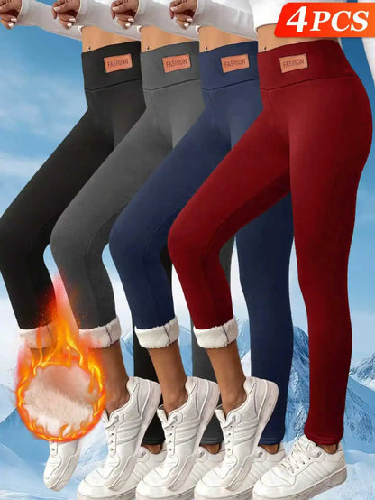 【4 Pack Winter Warm Leggings】Women's High Waist Fleece Lined Pants, Black+Gray+Navy+Red Thermal Trousers with Faux Fur Cuff, Str