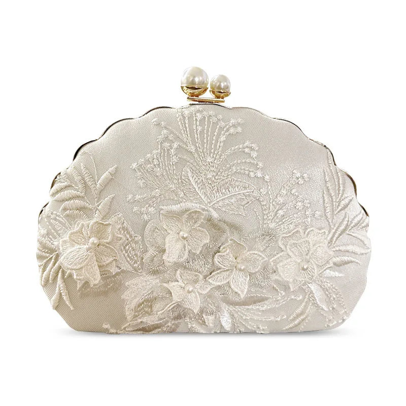 Shell Clip Evening Clutch, Fashion White Embroidered Lace