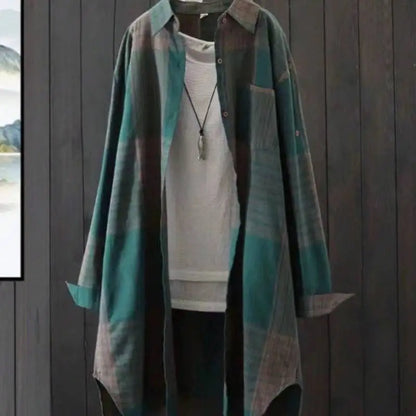 Plus Size Casual Retro Midi Women's Striped Plaid Loose Long Sleeve