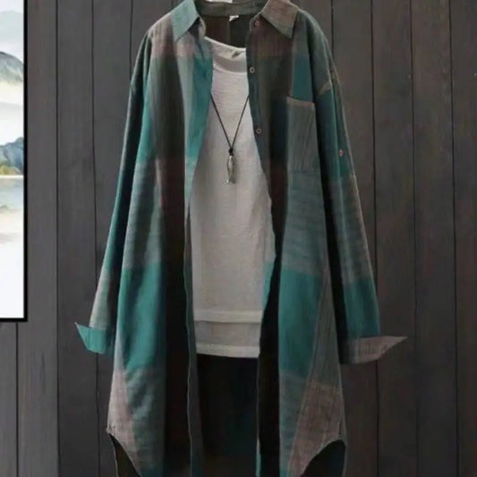 Plus Size Casual Retro Midi Women's Striped Plaid Loose Long Sleeve