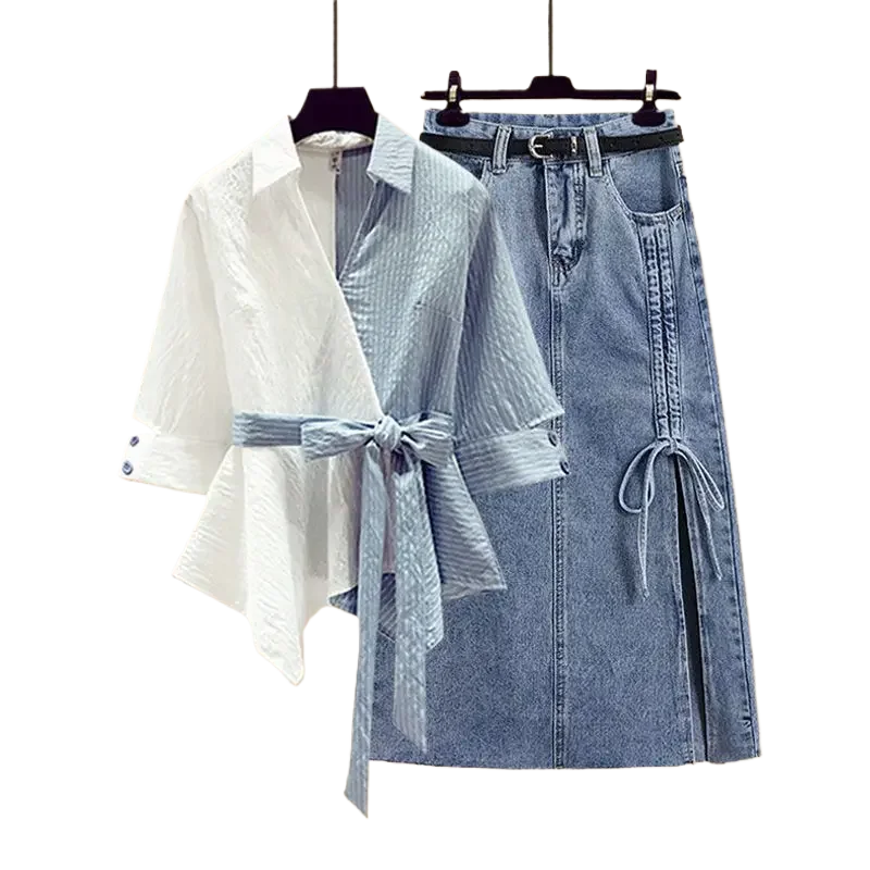 Women's Summer New Casual Spliced Half Sleeved Shirt+Sexy Split Denim Skirt Two Piece French Vintage Cardigan+Dress Matching Set