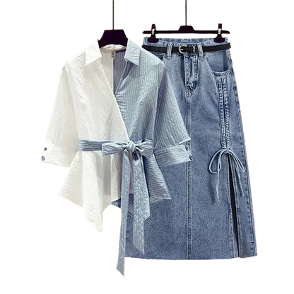 Women's Summer New Casual Spliced Half Sleeved Shirt+Sexy Split Denim Skirt Two Piece French Vintage Cardigan+Dress Matching Set