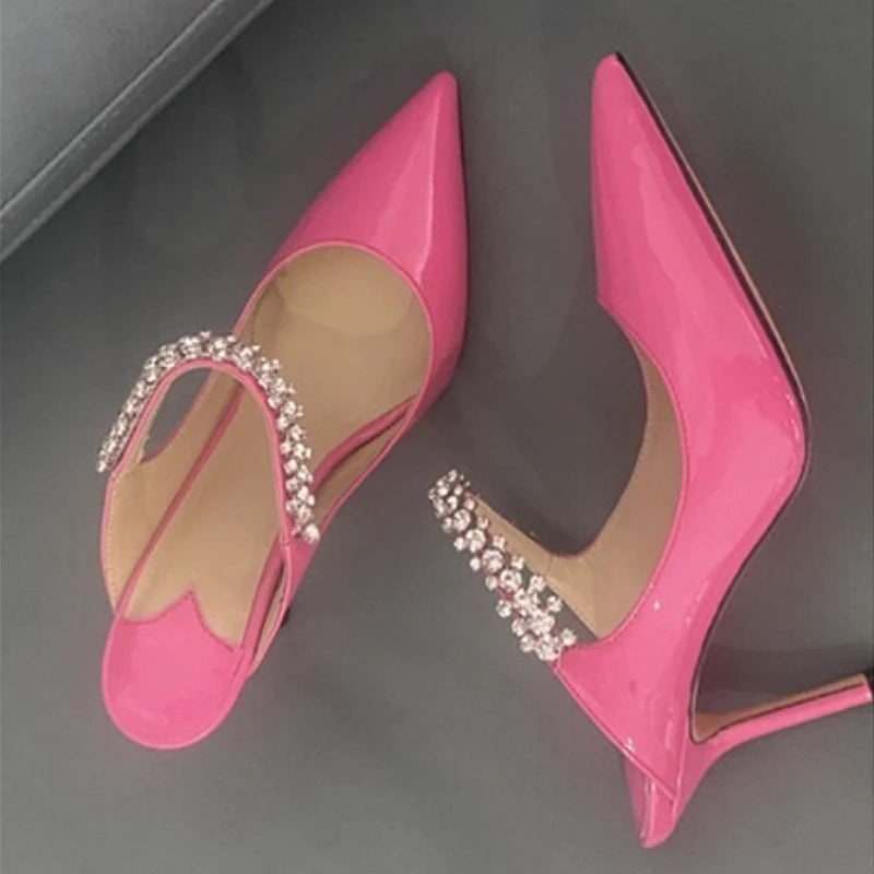 2025 New Fashionable Fine Heeled Muller Shoes with Pointed Water Diamond Chain Banquet