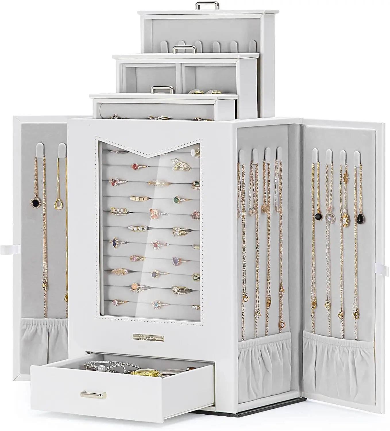 Jewelry Organizer with Transparent Window Necklace Hooks Jewelry Box Display
