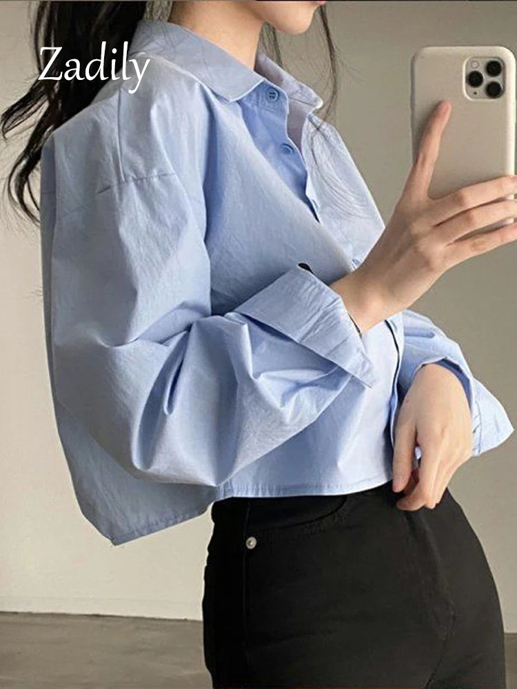Spring New Casual Long Sleeve Women White Shirt Solid Button Split Woman Crop Tops