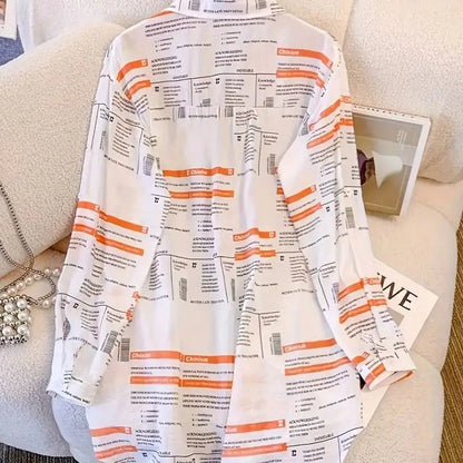 Plus Size Letter Print Shirt Oversized Casual Long Sleeve Top