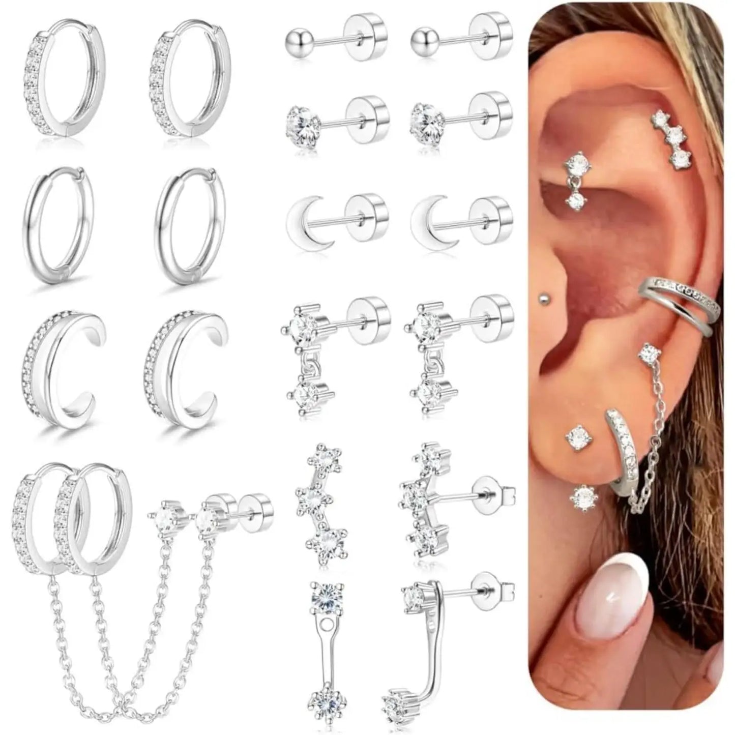 10 Pairs Hypoallergenic 20G Surgical Steel Flat Back Stud Earrings