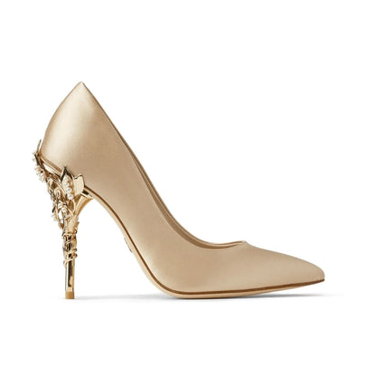 Luxury Leaves Metal Heel Women Shoes Pointed Toe Blue White Pink Black Silk Stiletto High Heels