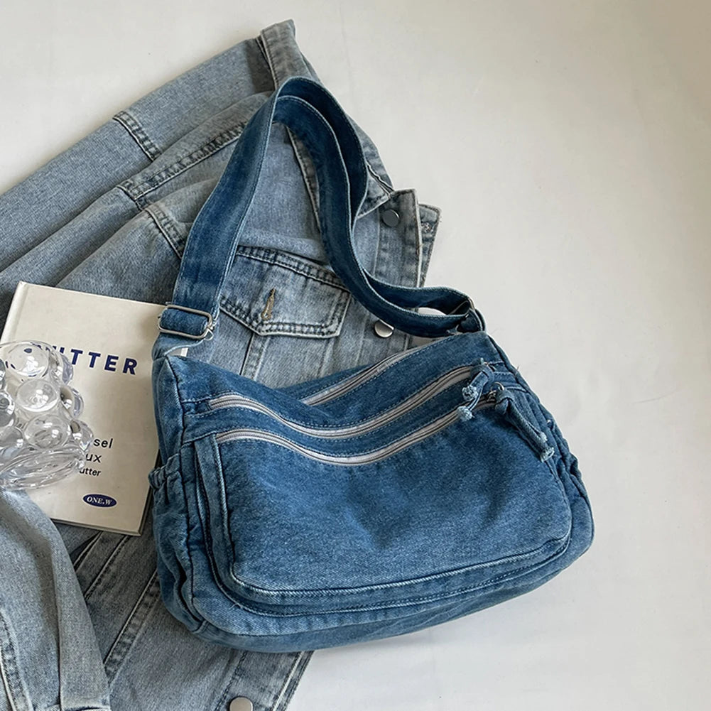 Women Casual Large Capacity Denim Messenger Bag Adjustable Strap