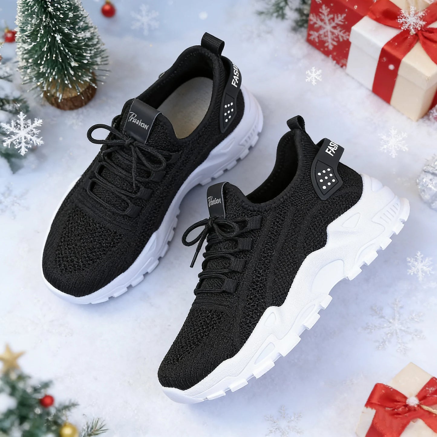 Fashion Knitted Sneakers for Women Mesh Breathable Lace-up Casual Sports Shoes