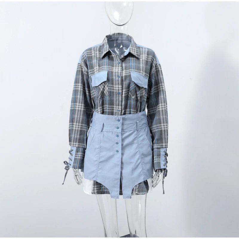 Lapel Color Blocked Shirt Waist Cinching Irregular Hem Short Skirt Set Woman Loose Long Plaid Shirt Patchwork Women Denim Suits