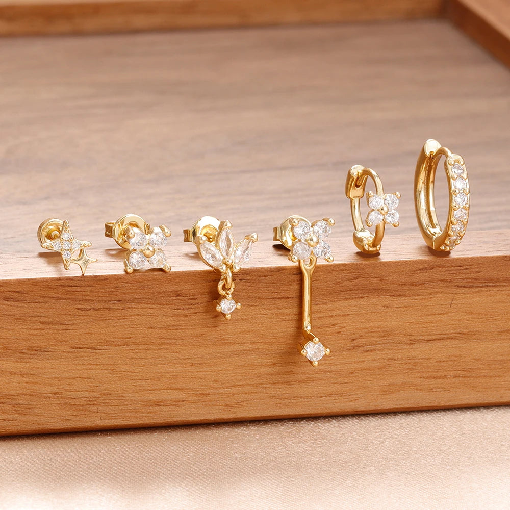 6PCS Fashion Cute Zircon Flower Ear Stud 18K Gold Plated Star Ear Stud Earrings