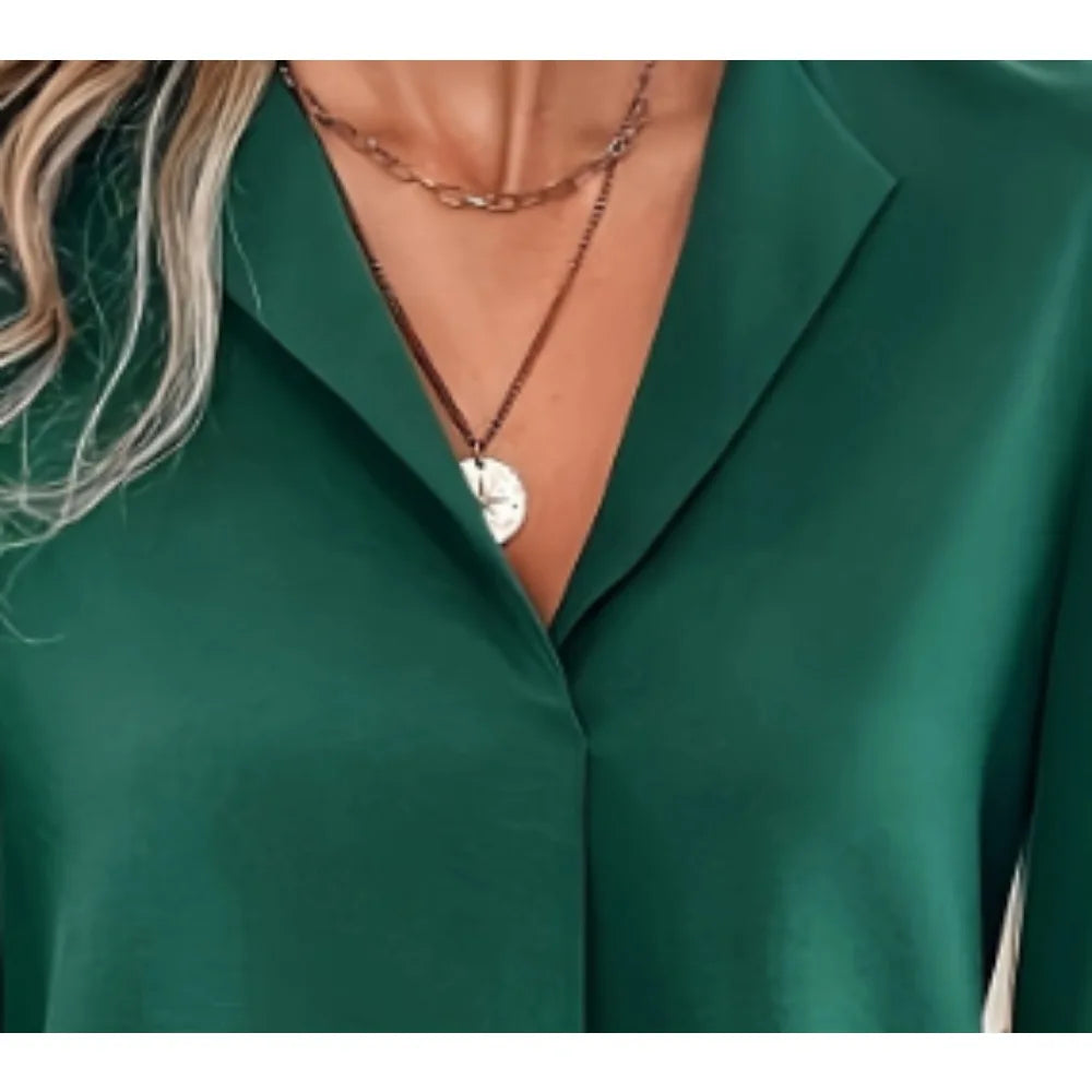 Plus Size 1XL-5XL Autumn New Women's Lapel Simple Solid Color V-neck Shirt