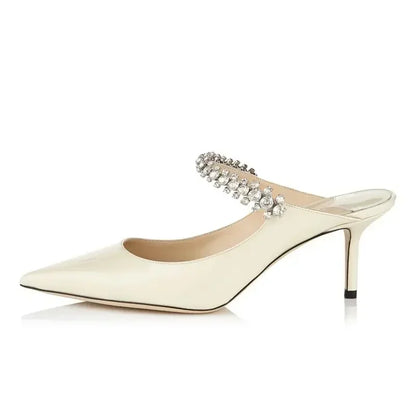 2025 New Fashionable Fine Heeled Muller Shoes with Pointed Water Diamond Chain Banquet