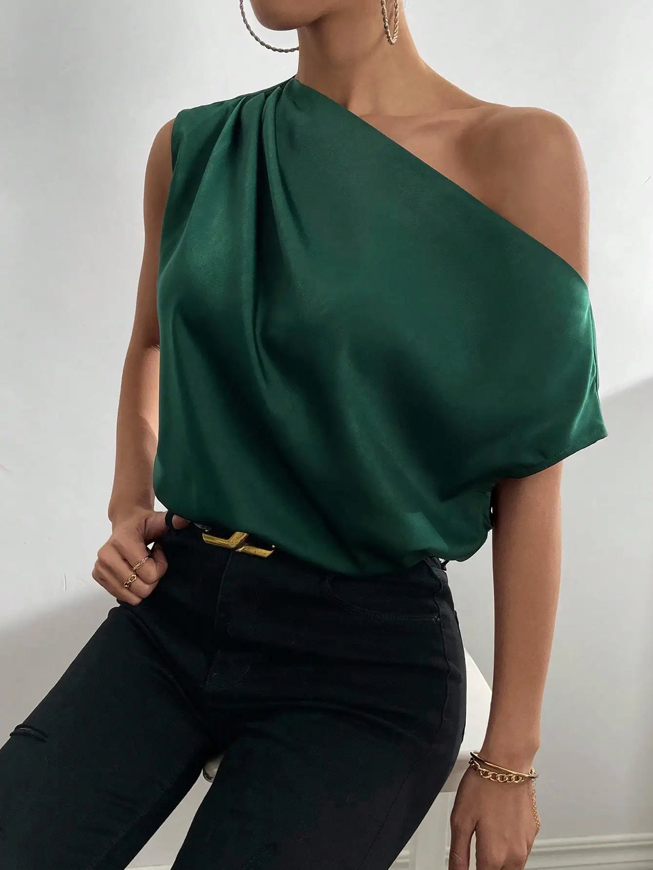 One Shoulder Satin Blouse with Asymmetrical Neckline, Solid Color Women's Top