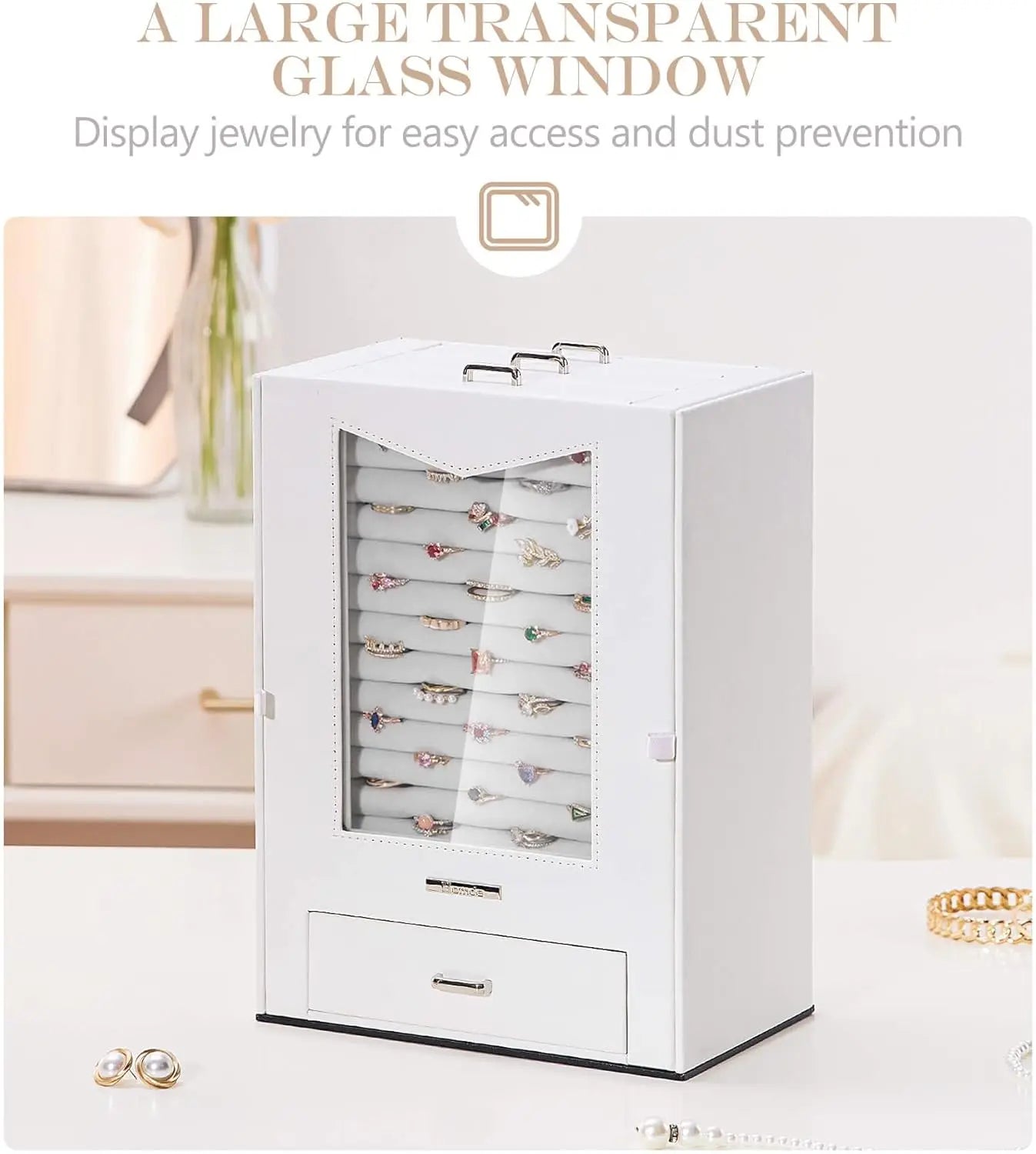 Jewelry Organizer with Transparent Window Necklace Hooks Jewelry Box Display