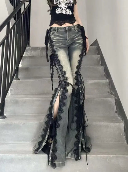 Retro Printed Bell Bottoms Street Mounted Navel Slim Jeans