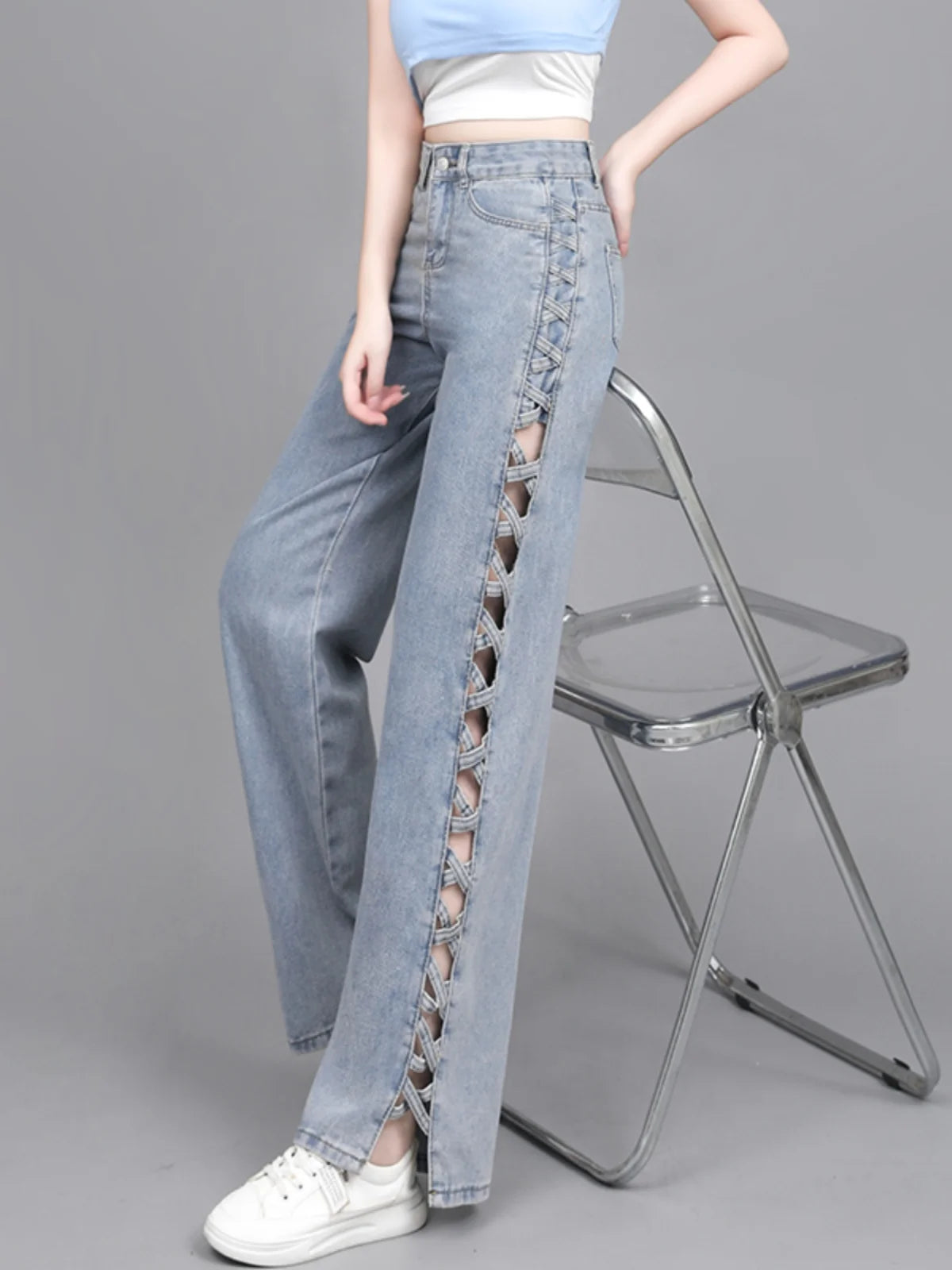 Hollow Wide Leg Jeans Casual Design Slimming High Waist