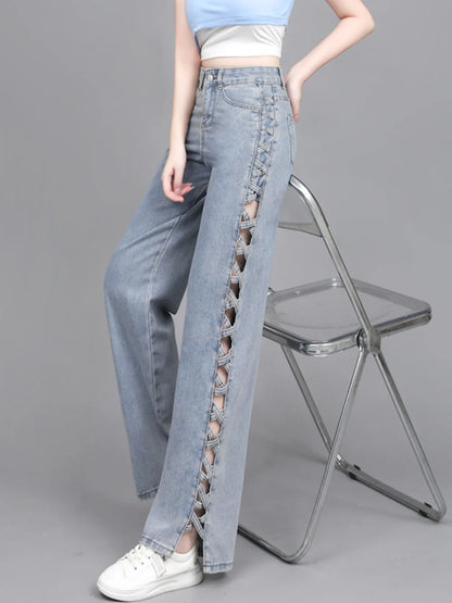 Hollow Wide Leg Jeans Casual Design Slimming High Waist