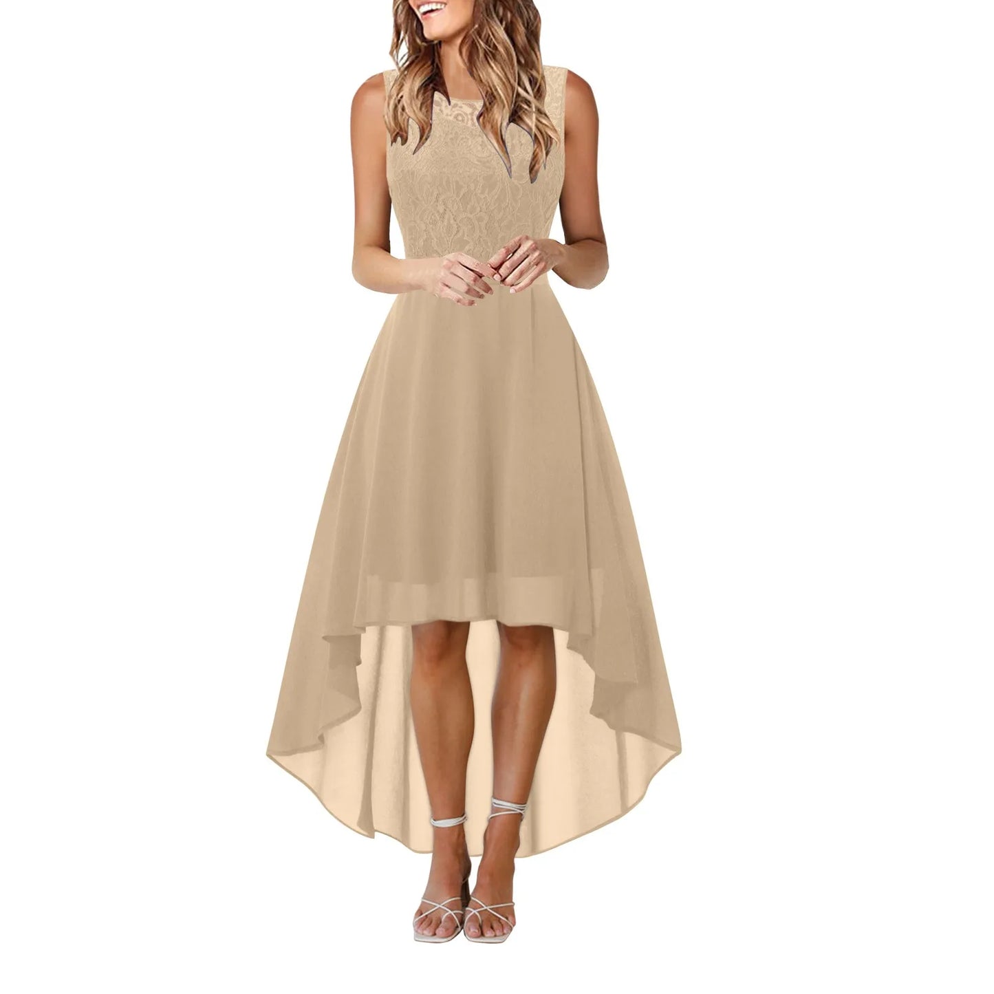 Bow Belt Elegant Irregular Length Women's Elegant Dress Sleeveless Chiffon