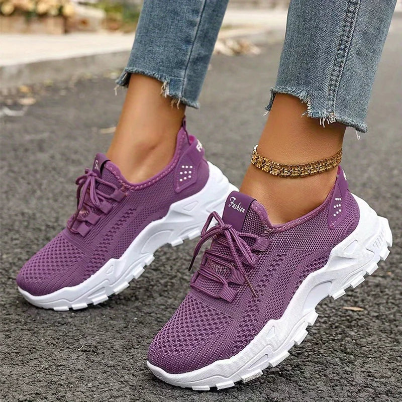 Fashion Knitted Sneakers for Women Mesh Breathable Lace-up Casual Sports Shoes