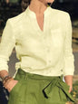 Women's White Linen Blend Button-Up Blouse with V-Neck and Chest Pocket