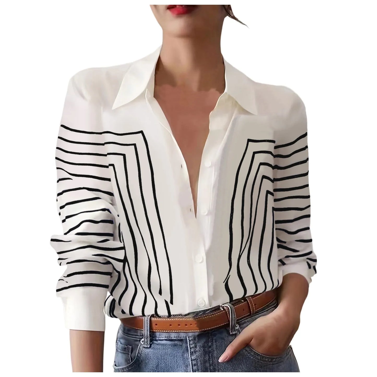 Women Casual Lapel Cotton Linen Shirt Long Sleeve Button Up Top