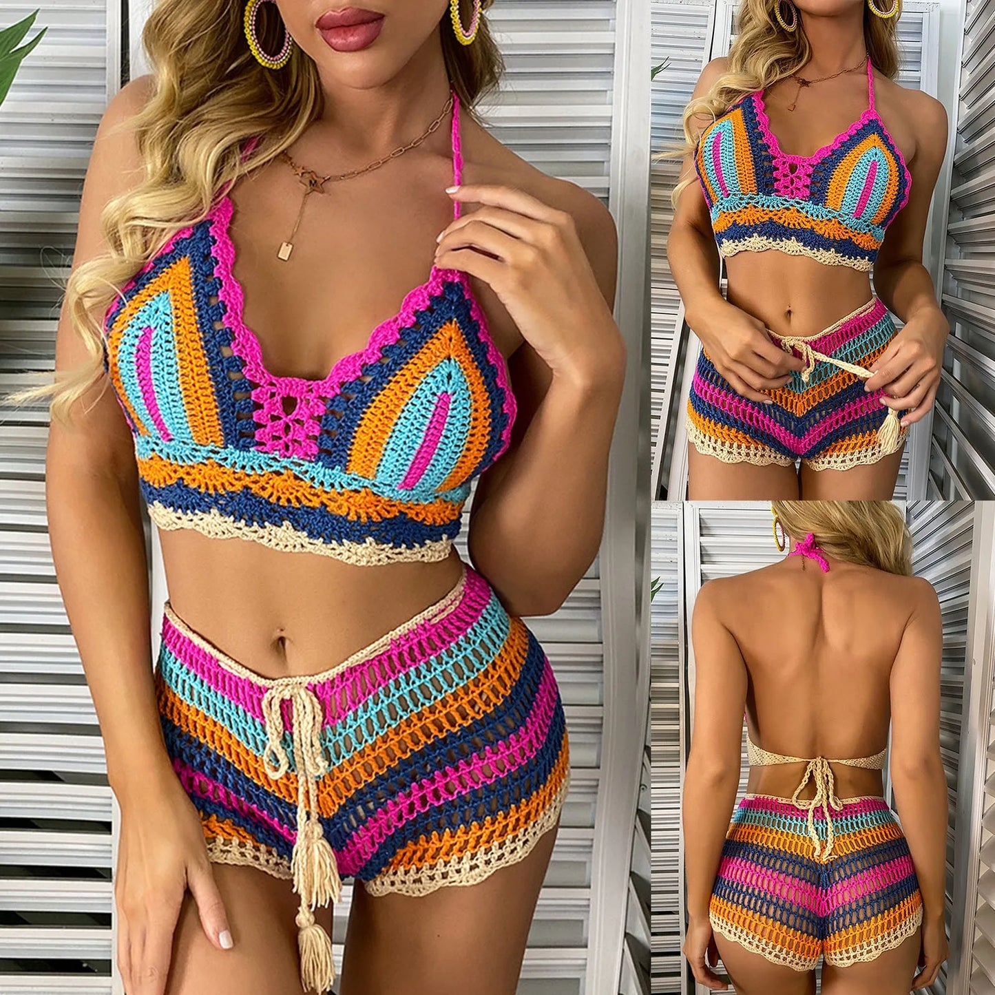 Summer Sexy Beach Vacation Bikini Split Color Striped Hand Crochet Knitted Swimsuit