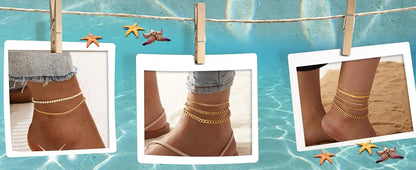 6PCS Ankle Bracelets for Women 14K Gold-plated  Anklets Stainless Steel