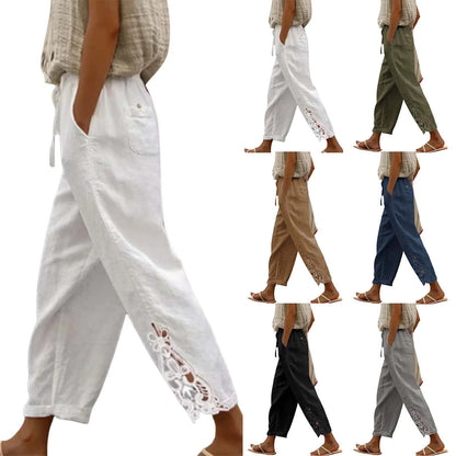 High Waist Casual Lace Spliced Pants Drawstring Pockets