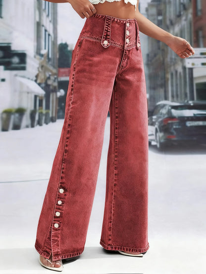 Ladies red-brown wide-leg Multiple buttons, slightly stretchy, mid-rise, denim jeans