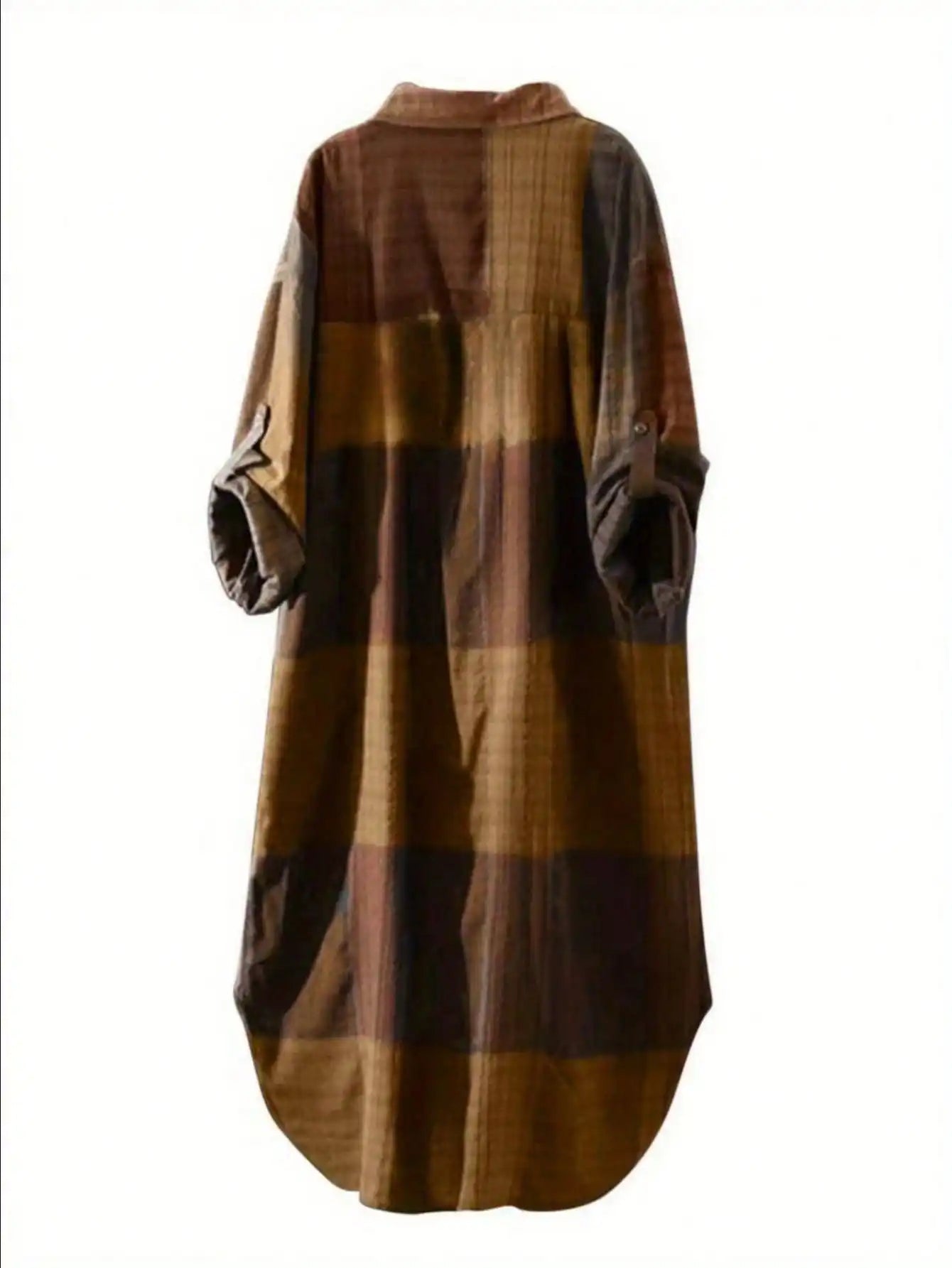 Plus Size Casual Retro Midi Women's Striped Plaid Loose Long Sleeve