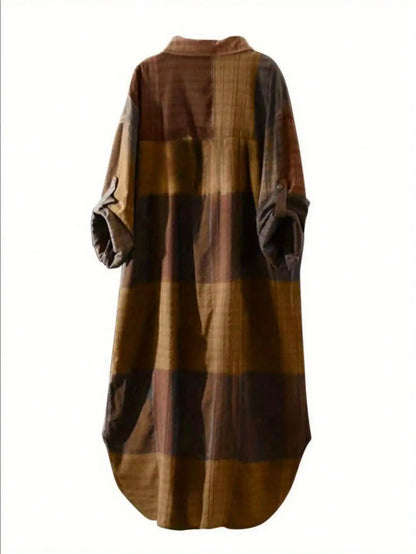 Plus Size Casual Retro Midi Women's Striped Plaid Loose Long Sleeve