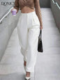 Women's Beige High Waist Straight Leg Pleated Trousers
