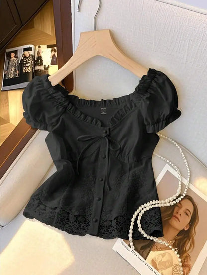Women's Off-Shoulder Ruffled Lace Trim Cropped Blouse with Pearl Buttons