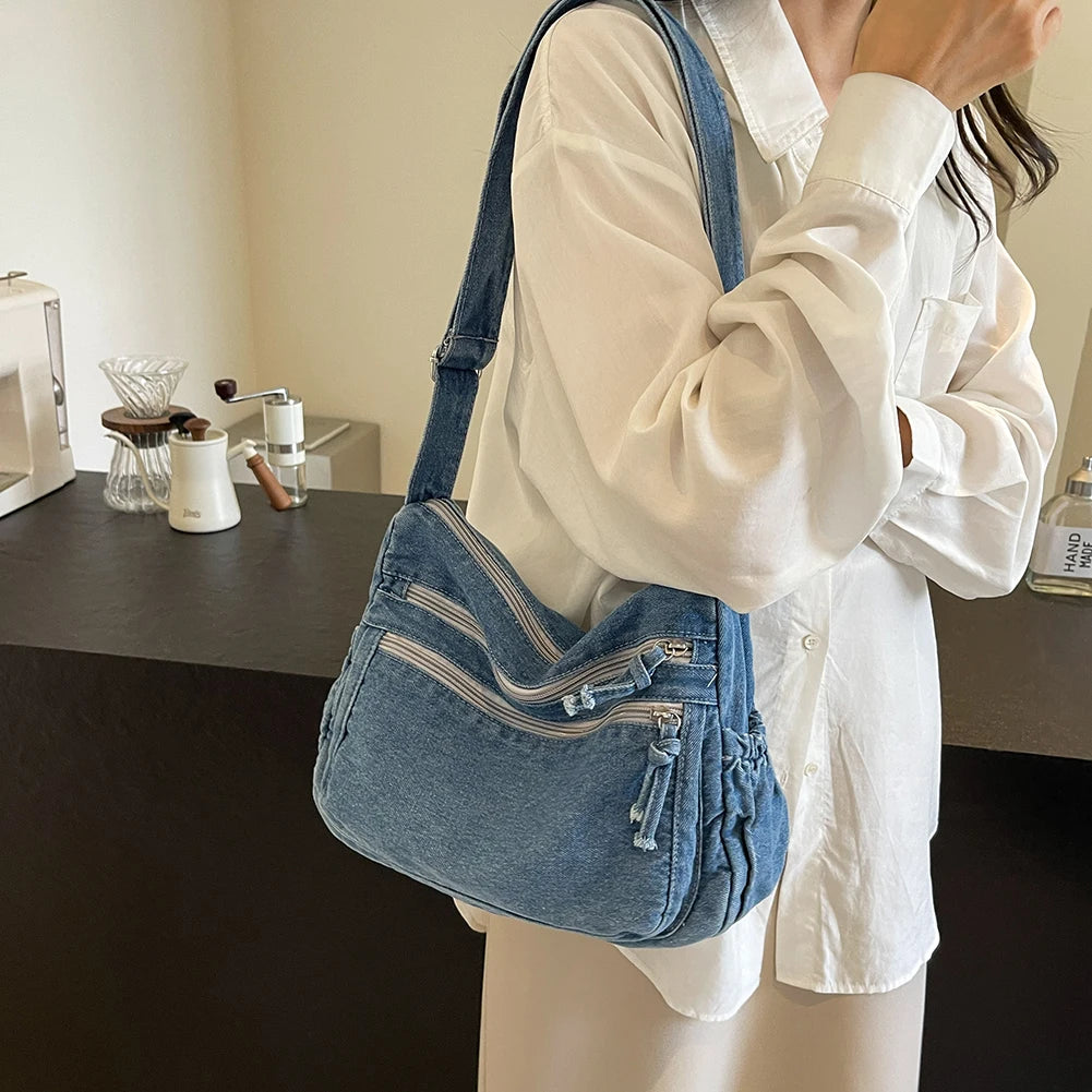 Women Casual Large Capacity Denim Messenger Bag Adjustable Strap