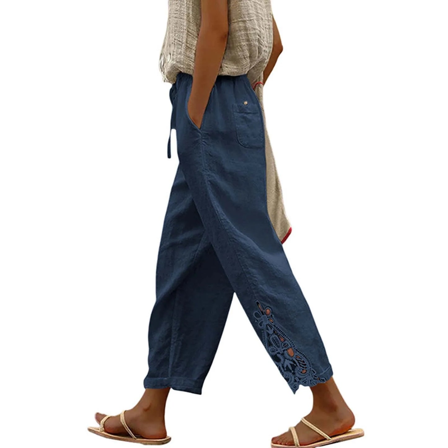 High Waist Casual Lace Spliced Pants Drawstring Pockets