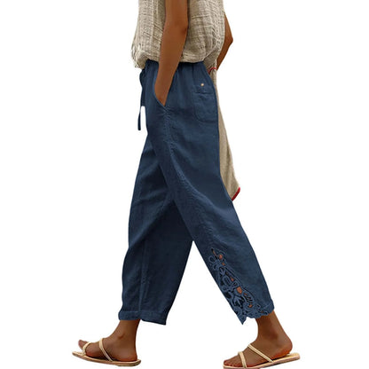 High Waist Casual Lace Spliced Pants Drawstring Pockets