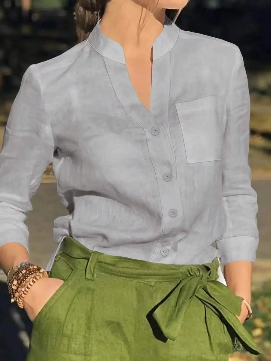Women's White Linen Blend Button-Up Blouse with V-Neck and Chest Pocket