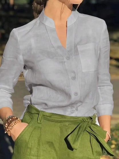 Women's White Linen Blend Button-Up Blouse with V-Neck and Chest Pocket