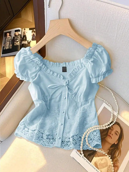 Women's Off-Shoulder Ruffled Lace Trim Cropped Blouse with Pearl Buttons