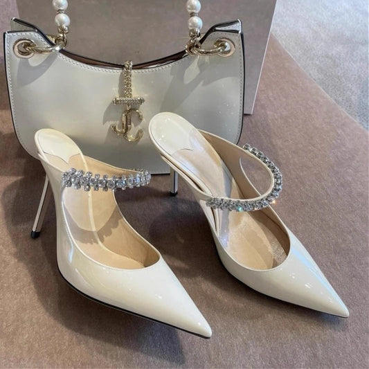 2025 New Fashionable Fine Heeled Muller Shoes with Pointed Water Diamond Chain Banquet