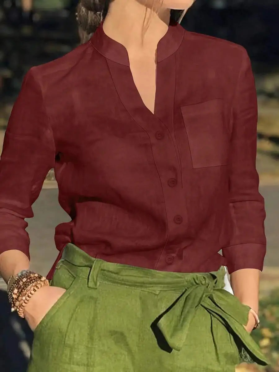 Women's White Linen Blend Button-Up Blouse with V-Neck and Chest Pocket